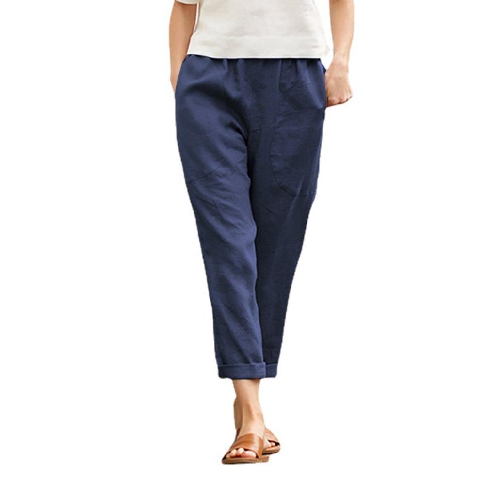 Women's Elastic Waist Straight Leg Linen Cotton Casual Pants Loose Fit Pocket Trousers
