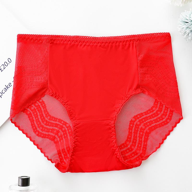 

Кружевное нижнее белье больших размеров с высокой талией, бесшовные сексуальные полые дышащие хлопковые трусы с промежностью XXL ярко-красный