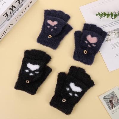 Winter Split-Finger Flip-up Verdickte Imitat-Kaschmirhandschuhe mit Niedlichen Pfotenabdrücken zum Warmhalten Doppelter Zweck Damen Schreiben Koreanische Version