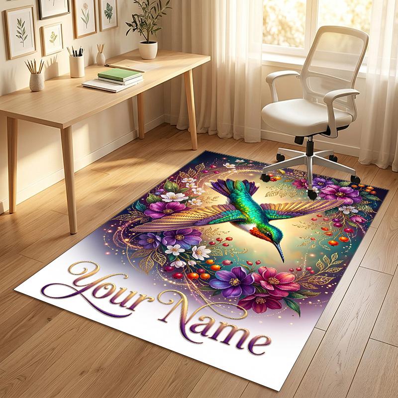 Hummingbird Fantasy Theme Soft Crystal Velvet Rug Custom Name & Text Print Non Slip Floor Rug for Bedroom Living Room