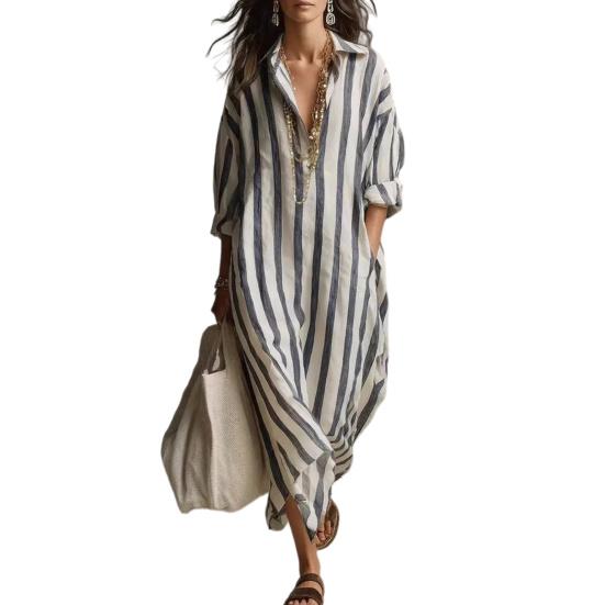 שמלת חולצה רפויה לנשים, קז'ואל, שרוול ארוך, צווארון V, פסים, שמלה ארוכה, שמלת מקסי לטיול/חופשה, עם כיסים