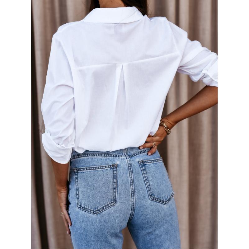 Fashion Long Sleeved Simple Loose Office Women Shirt Button-up Lapel Solid Color Casual Blouse Spring Autumn Solid Color Elegant Basic Tops Clothing