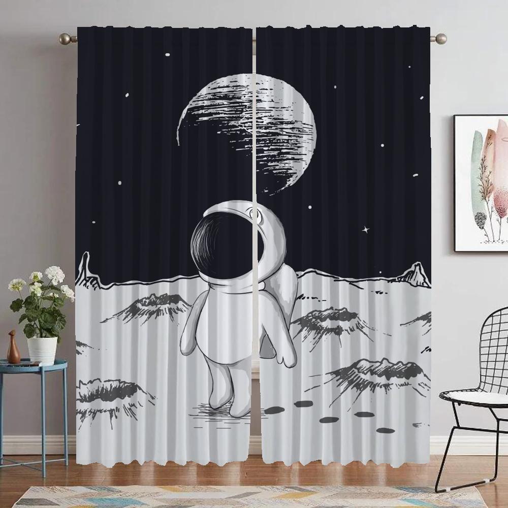 Astronaut Printing Kitchen Curtains 2 Pieces Anti-mosquito Curtains for Living Room Curtain Halloween Decoration Shades Blackout