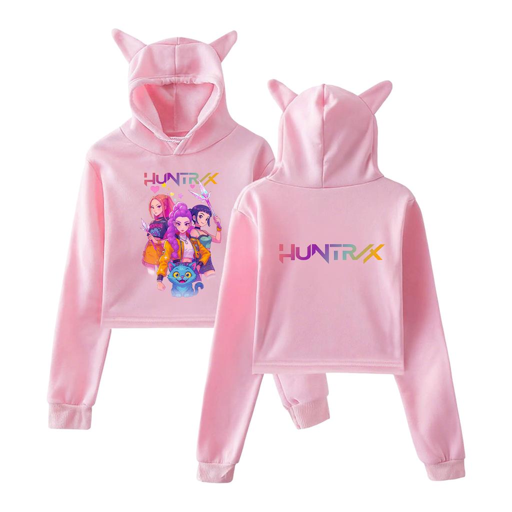 Kpop Demon Hunters Dievčenská mikina Mačacie uši Dlhý rukáv Skrátené topy 2025 Anime KPop Demon Hunters Harajuku Mikina s kapucňou
