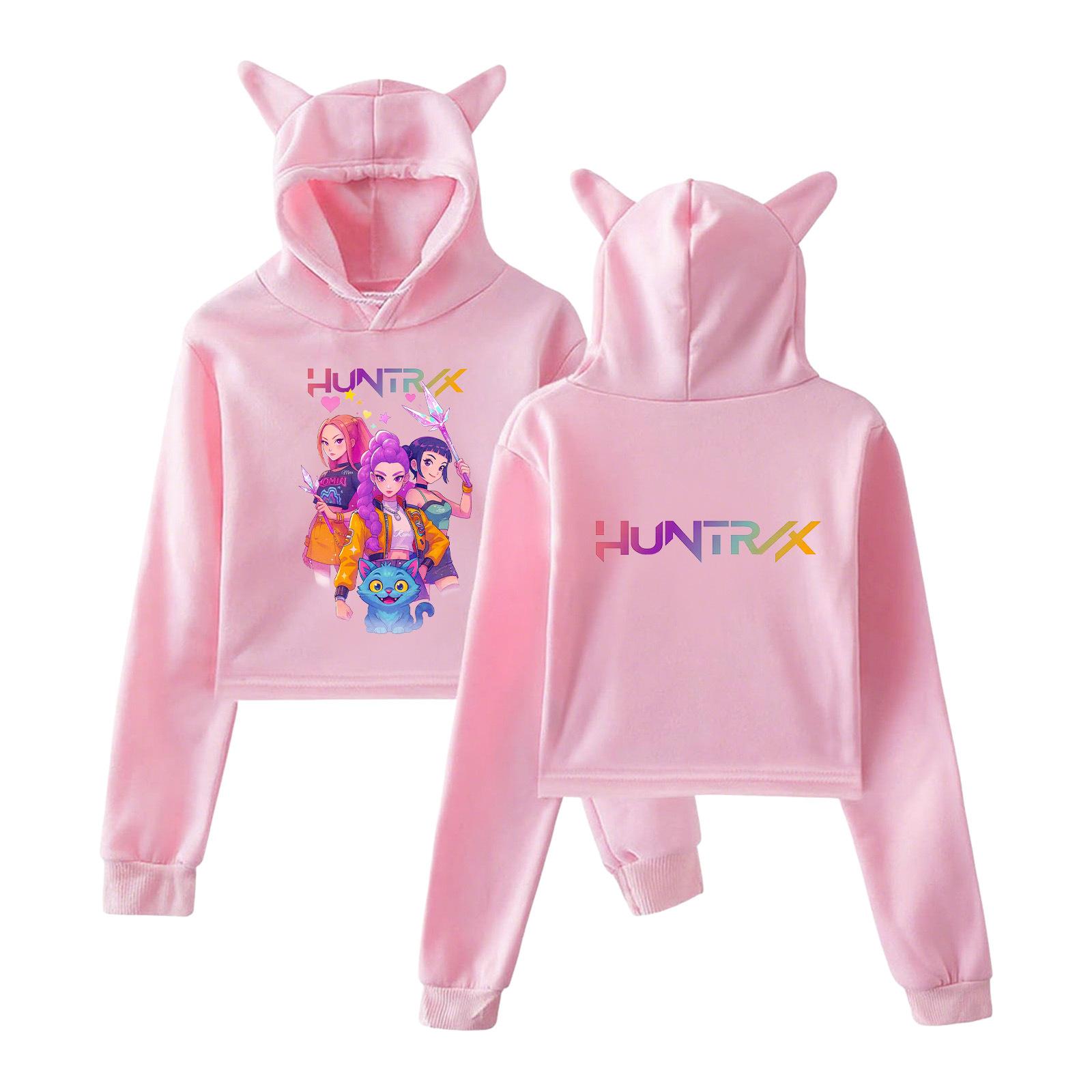 

Kpop Demon Hunters Толстовка для девочек с кошачьими ушками, с длинным рукавом, укороченные топы 2025 Аниме KPop Demon Hunters Харадзюку Толстовка с капюшоном XXS розовый