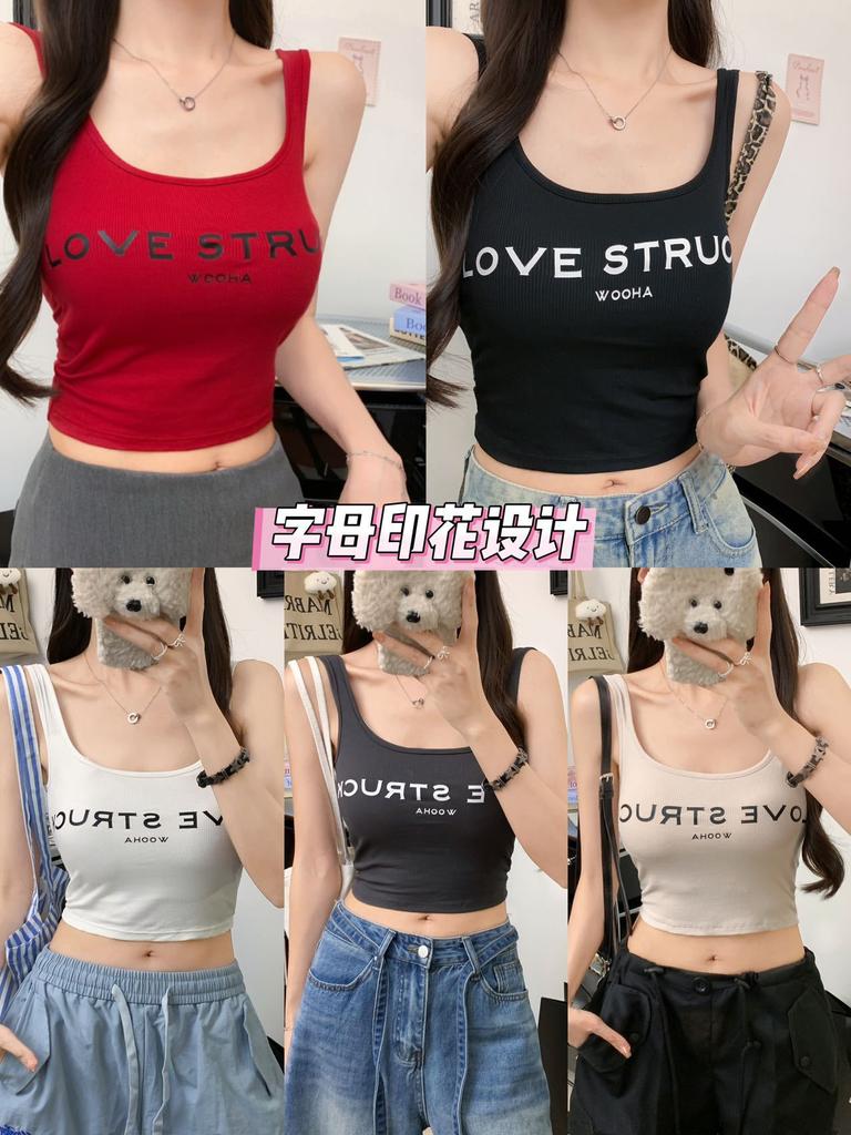 #Human Cotton Letter Printing Spice Girl Outer Wear Sling Vest Slim Fit Versatile Beautiful Back Lazy People Free Underwear Top