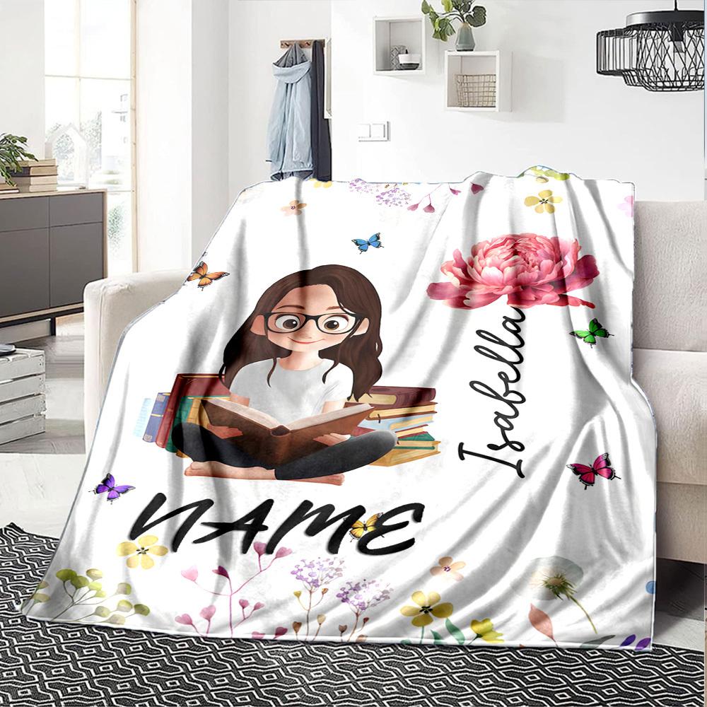 Girl Reading Books With Flowers And Butterflies Gift Customizable Blanket Personalized Text Durable Comfort Throw For Sofa Couch Office Bed Picnics