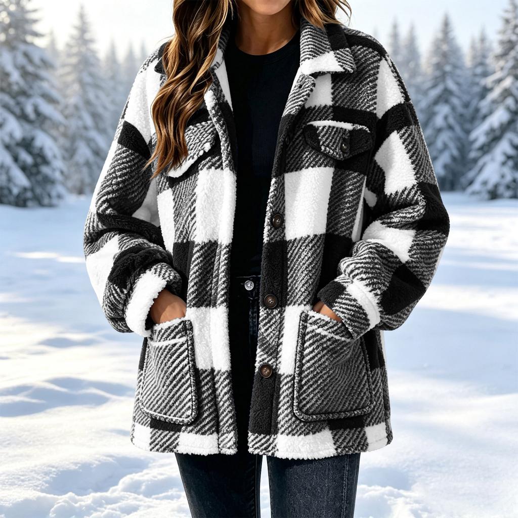 Damen Karojacke mit Taschen Knopfleiste Wintermantel für Freizeit und Alltag