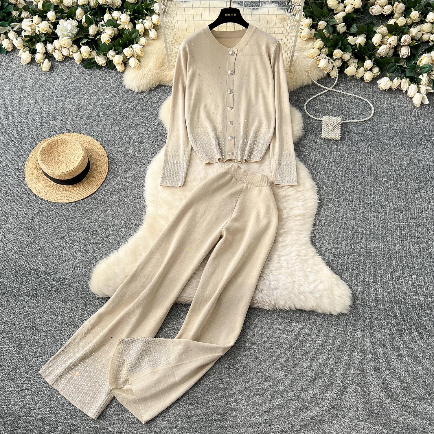 

Осень-зима Женский роскошный вязаный свитер с ромбами, спортивный костюм, однобортное пальто, куртка и широкие брюки, комплект из двух предметов One Size абрикосовый