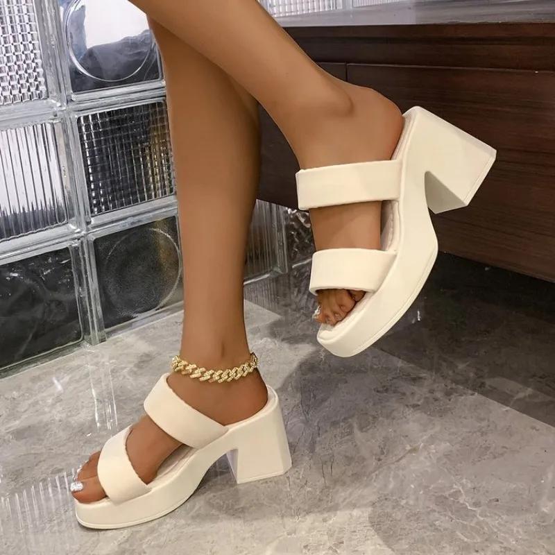 Punk Style Chunky High Heels Platform Sandals Women Open Toe Slip On Stretch Ankle Strap Summer Shoes Female Zapatos Mujer 41 42