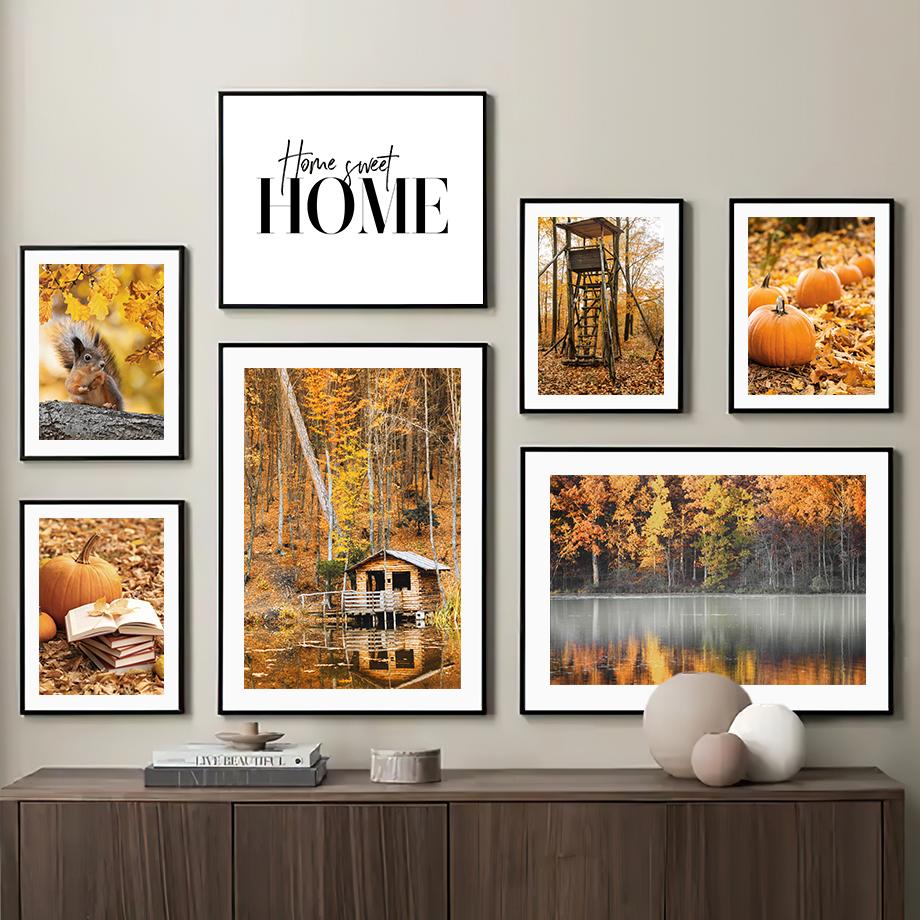 Autumn Forest Wood Cabin Pumpkin Squirrel Nordic Posters And Prints Wall Art Canvas Painting Wall Pictures For Living Room Decor