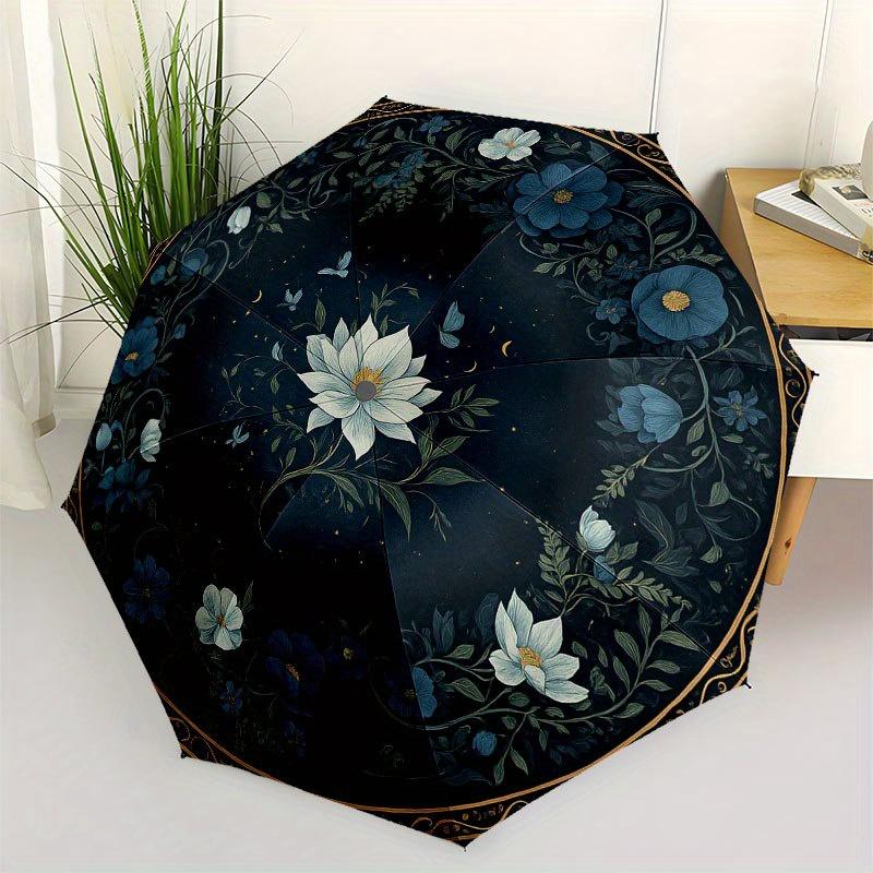 

Elegant Floral Night Garden Plate: Dark Blue & White Decorative ChargerUmbrella with Cute Design, Portable 3-Fold Compact Umbrella for Men & Women, Va