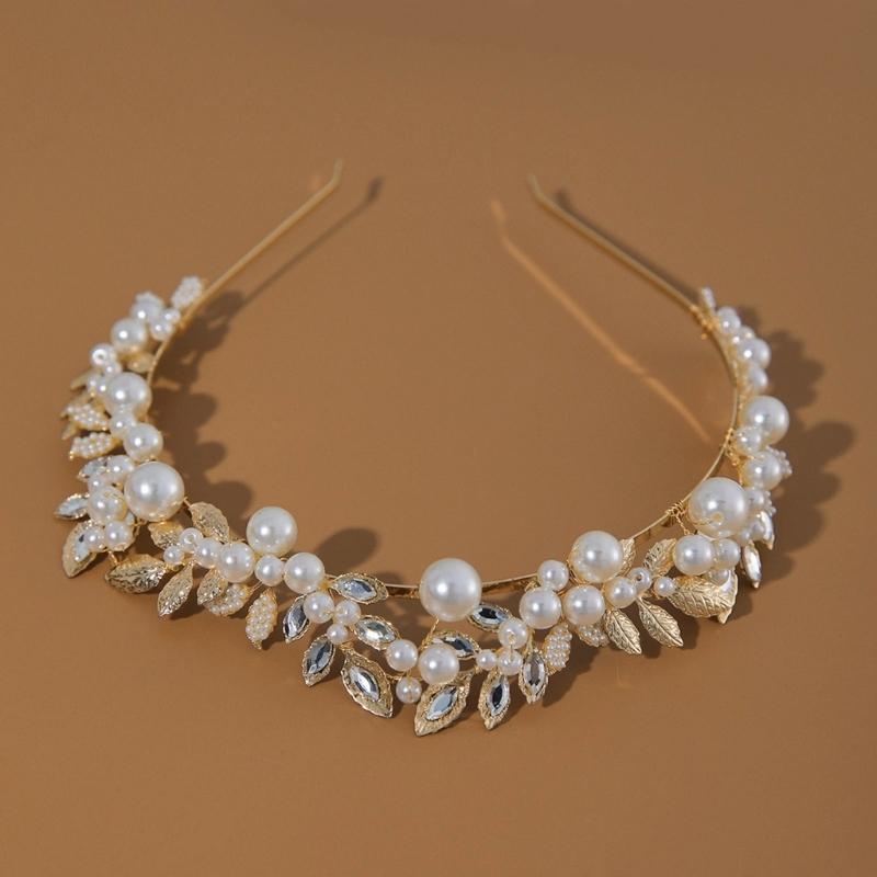 Alloy Hairband with Intricate Leaf Design Rhinestones Pearls Delicate Headpiece Suitable for Sensitive Scalp Wear