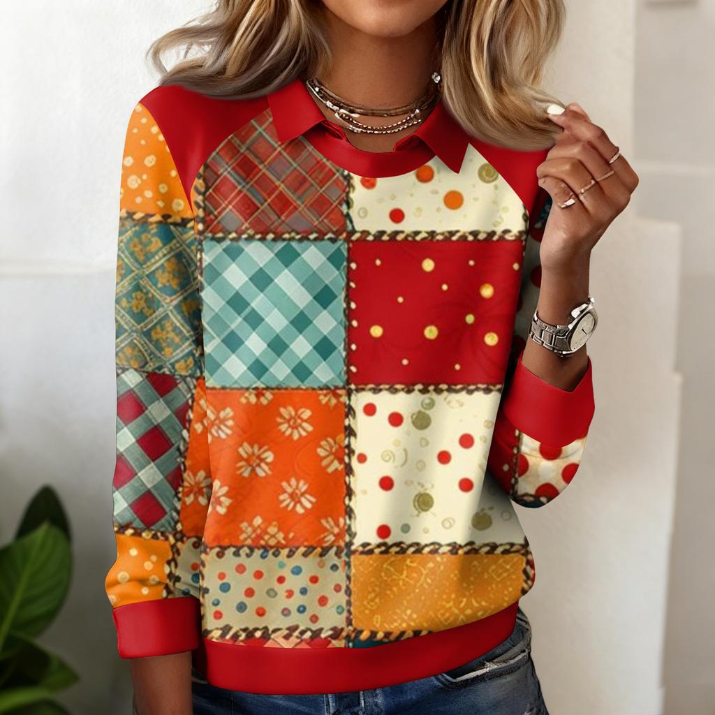 Ladies' Plaid Printed Casual Long Sleeved Sweatshirt Top