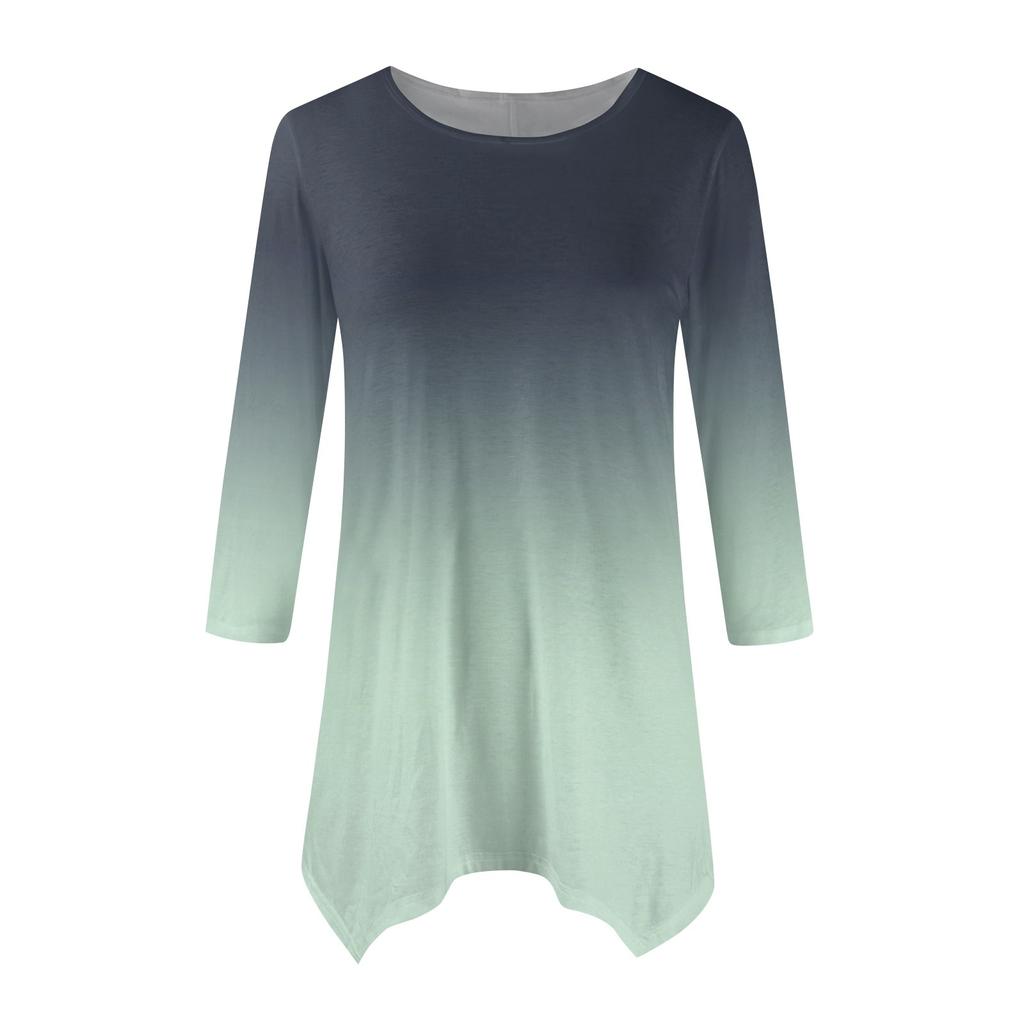 Women's Fashion Casual Crew-neck Gradual Print Seven-point Sleeve Shirt Belted Loose Comfortable Top