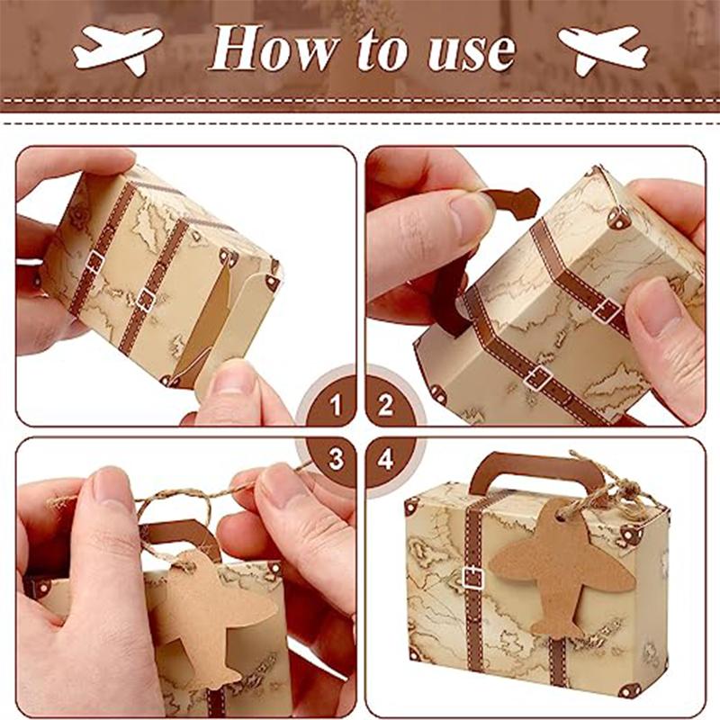 Mini Vintage Suitcase candy Boxes with Tags and Burlap Twine for Travel Themed Wedding Party Bridal Shower Birthday Decoration