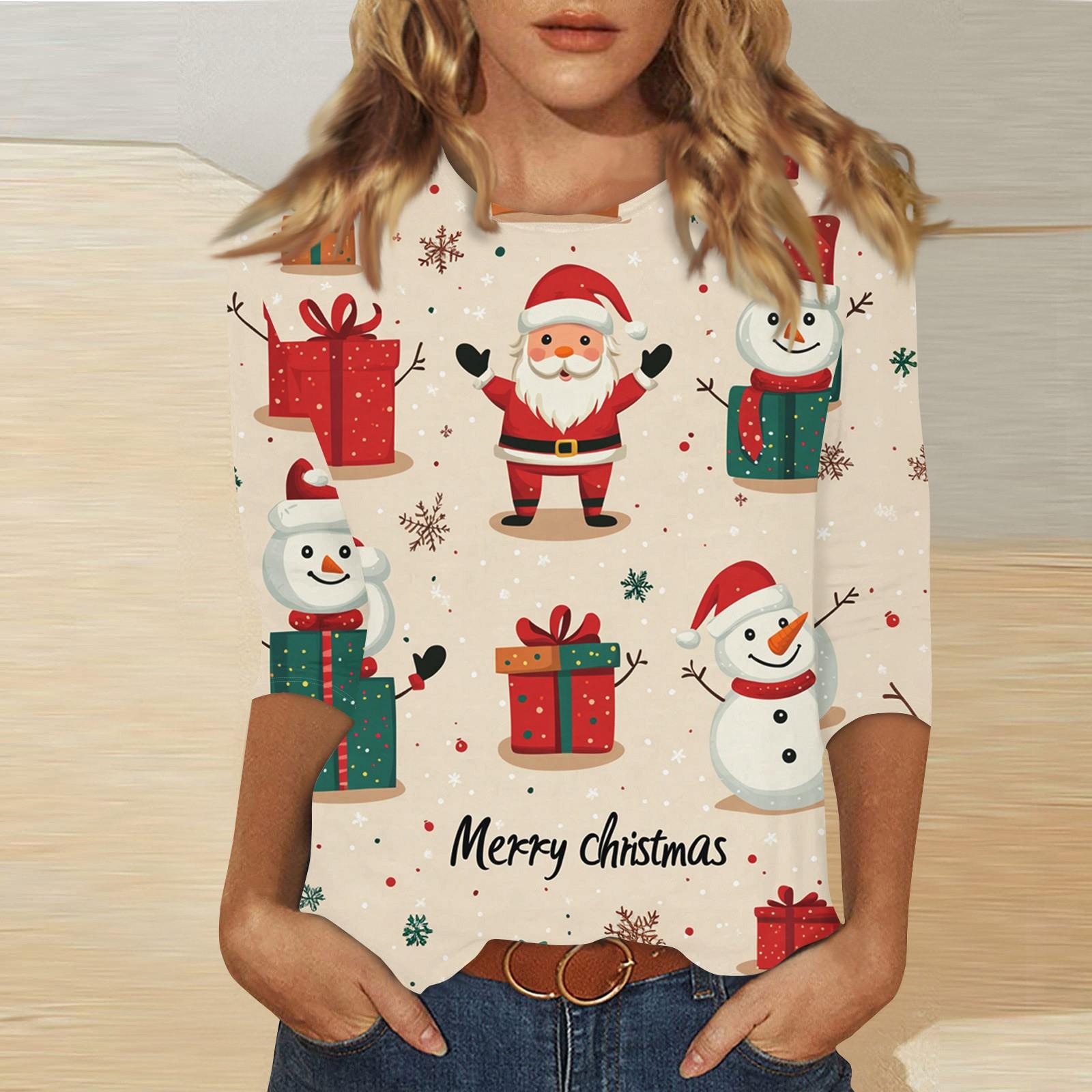 

Женская мода повседневная три четверти рукава рождественский принт круглый вырез пуловер топ XXXL