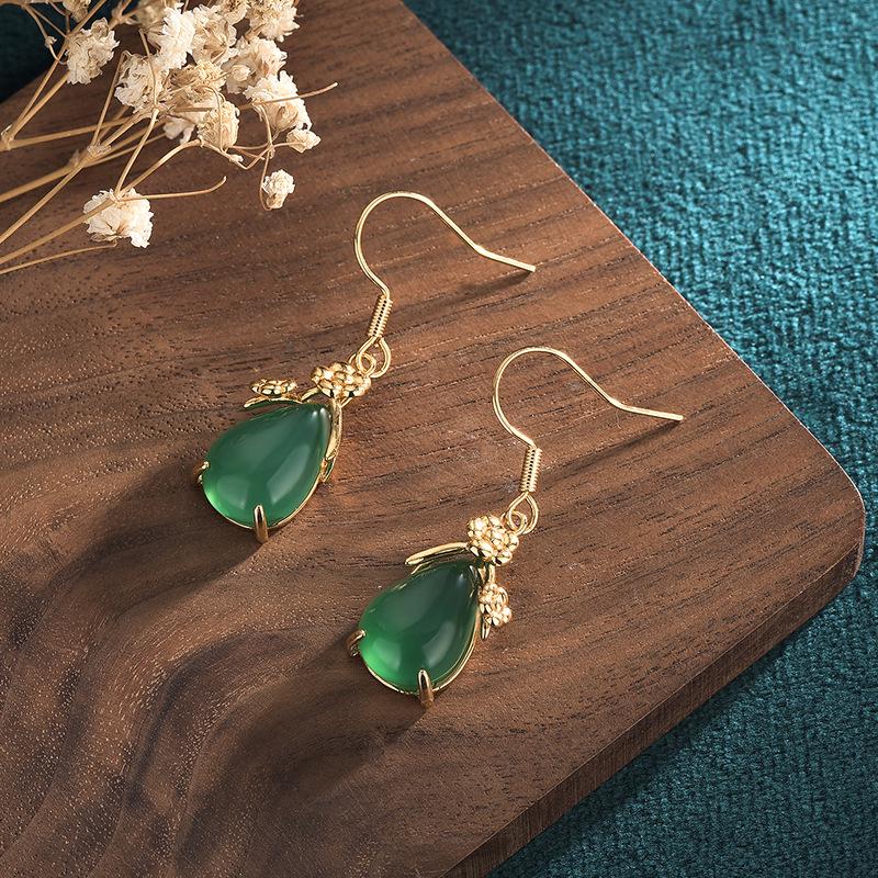 Aieryuan Court Style Gold-Plated Chalcedony Agate Teardrop Dangle Earrings for Women