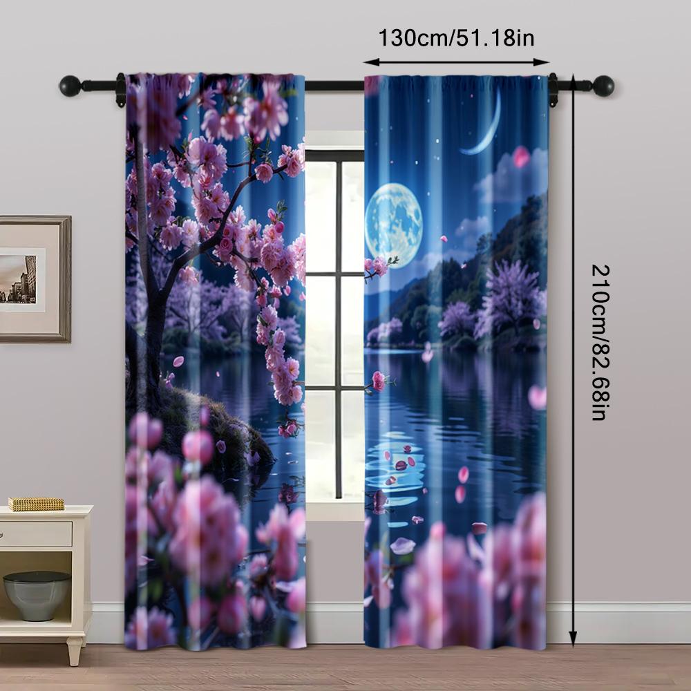 2pc, Curtains Cherry trees in the moonlight Blackout Polyester Festive Holiday for Multipurpose Various Event Decoration