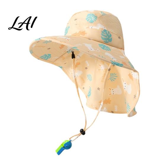 Portable Foldable Beach Hat for Babies Cartoon Kids Sun with Neck Flap Print Breathable Wide Brim Cap Running Boys Girls UV Protection Outdoor