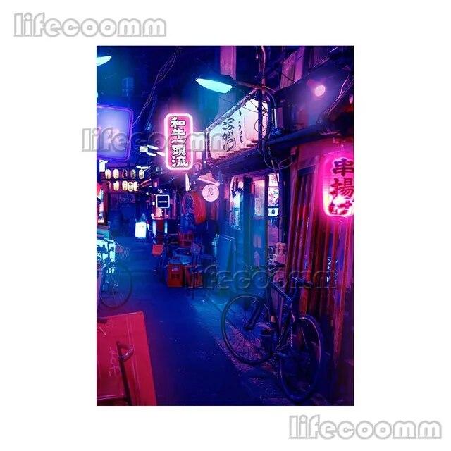 Anime City Neon Night 80s Vaporwave Japan City Street Poster Wall Art Canvas Painting Wall Pictures For Living Room Home Decor No Frame