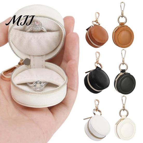 Zippered Jewelry Storage Bag Portable Box Keychain, PU Leather Travel Organizer Case, Soft Compact Accessory Velvet Lining Secure Zipper Closure