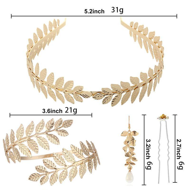 European and American Bride Leaves Headband Greek Baroque Style Golden Leaf Bridal Armband Pearl Earrings