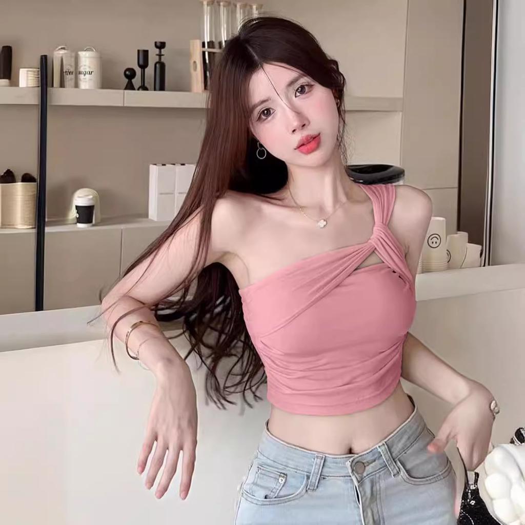 Sweet Spice Girl Shoulder Suspender Small Vest Women's Summer Pure Desire Wind Folded Clavicle Sexy Inside and Outside Short Top