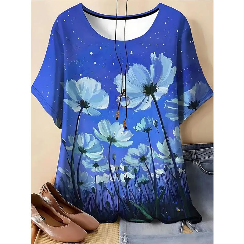 Fashion Women's Crew Neck T-Shirt 3D Flower Color Printing Flower Short Sleeve Comfortable Short Sleeve