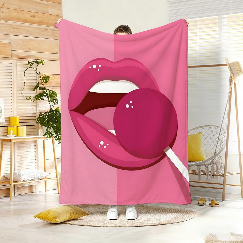 Colorful Pop Art Lips with Strawberry Throw Lightweight 240g Flannel Blanket Soft Skin-friendly for Summer Cooling