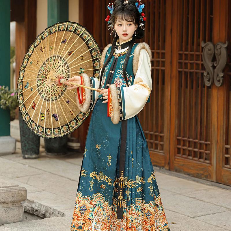 Ming Dynasty-Inspired Hanfu Women's Embroidered Bijiya Stand Collar Mamian Skirt with Velvet - Autumn/Winter Set