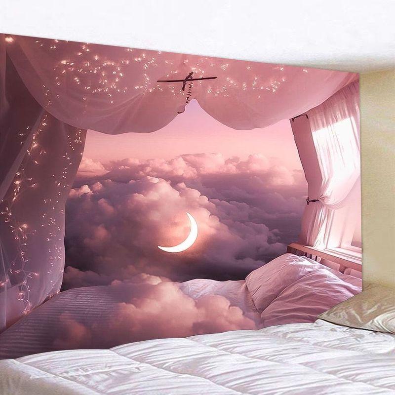 Dreamy Pink Clouds Moon Window Landscape Tapestry Wall Hanging for Bedroom Living Room Decor Starry Sky Clouds Healing