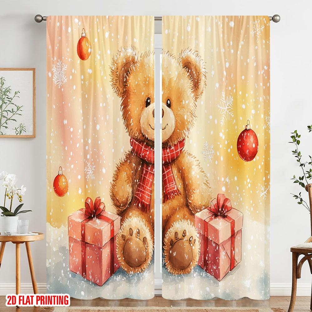 2pcs,2D Plane Printing Pattern Curtains Cute Teddy Bear Snow Winter Polyester (without Rod) Decorations For Home for Bedroom,