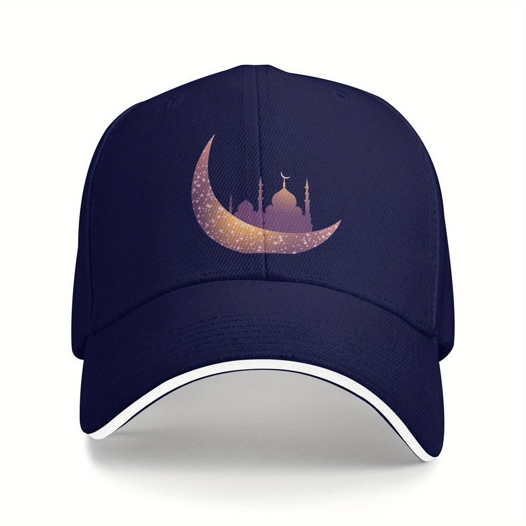 Islamic Crescent Moon Mosque Silhouette Baseball Cap Adjustable Polyester Casual Muslim Hat for Men and Women