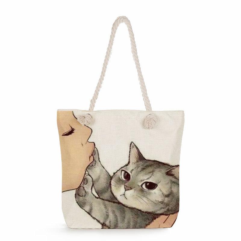 Multifunctional Cute cat Printed Thick Rope Shoulder Beach Bag 7584