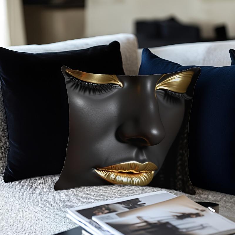 Atemberaubender schwarzer Kissenbezug mit goldenen Gesichtszügen - Einzigartige Heimdekoration Sofakissenbezug, Heimdekoration, 2D-Druck