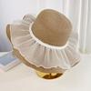 Beach Hat Natural High-Density Straw Fabric Sun Protection Wide Brim Dome Design Sun Hat Lace Bow Faux Pearls Decor Summer Hat