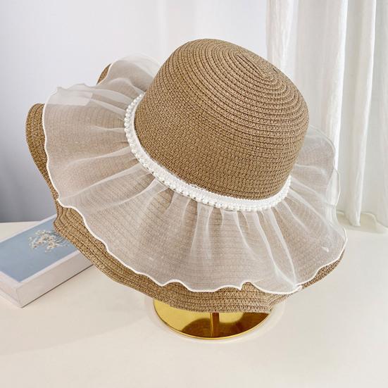 Beach Hat Natural High-Density Straw Fabric Sun Protection Wide Brim Dome Design Sun Hat Lace Bow Faux Pearls Decor Summer Hat