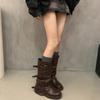 Vintage Women Western Knee High Boots Fashion Belt Buckle Shoes Autumn Winter Laides Concise Mid Calf Botas De Mujer