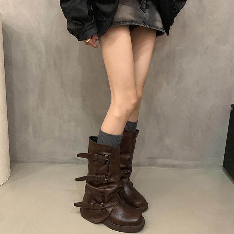 Vintage Women Western Knee High Boots Fashion Belt Buckle Shoes Autumn Winter Laides Concise Mid Calf Botas De Mujer
