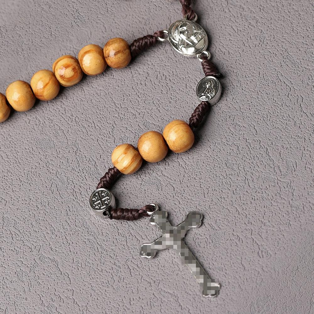 Natural Pine Wood Bead Rosary with Holy Land Pendant & Cross