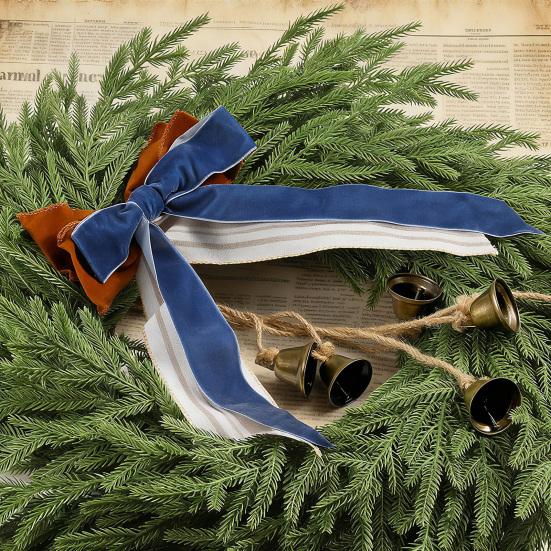 22 Inch Real Touch Christmas Wreath for Front Door Artificial Greenery Pine Cedar Wreath with Bells And Ribbon Bow for Home Porch Wall Window Decor