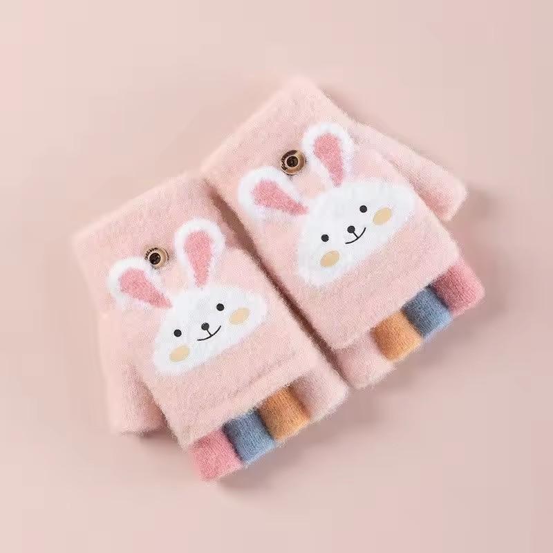 Kid's Warm Thick Flip Half Finger Gloves Boys Girls Winter Warm Gloves Cartoon Cute Rabbit Gloves Daily Crawling Outing Gloves