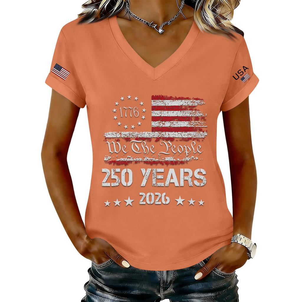 Women's Fashionable V-Neck Casual Retro Print Short Sleeved T-shirt Top