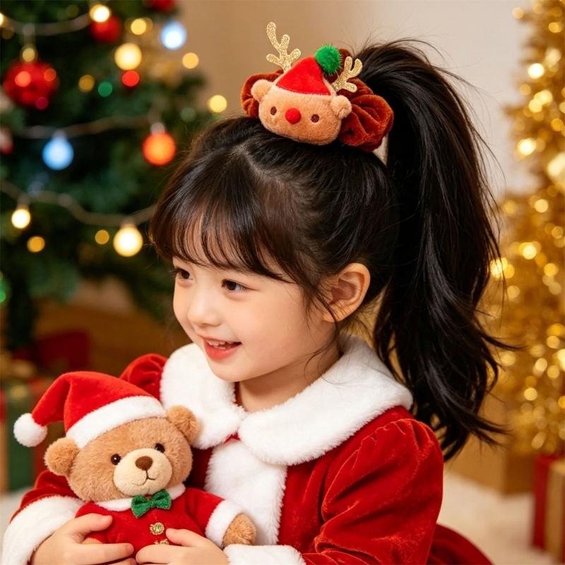 Holiday Hair Scrunchie Velvety Christmas Hair Tie with Plush Top for Christmas Party, Family Photos and Festival Styling