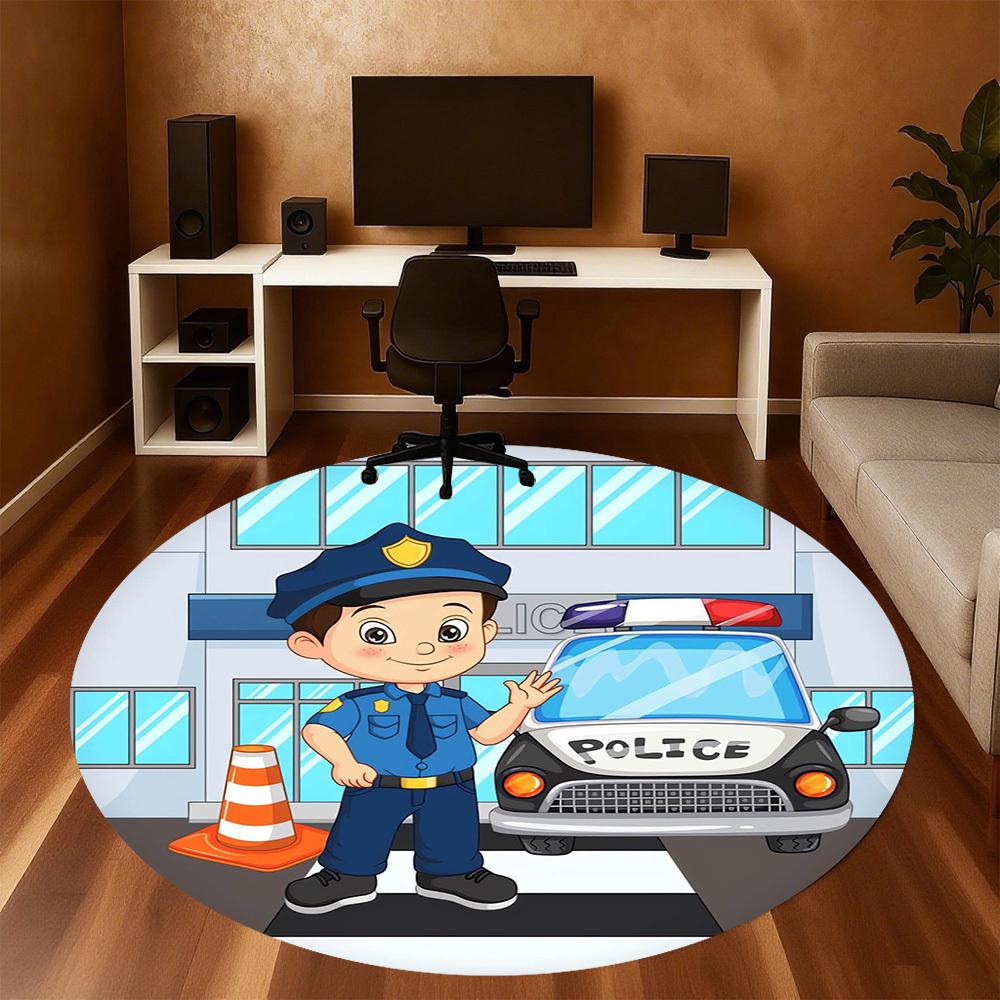 1pc Police OfficerPolice Car Round Chair mat Area Rug - Non-Slip, Floor Mat for Office, Bedroom, home decor Christmas Gift p0811434