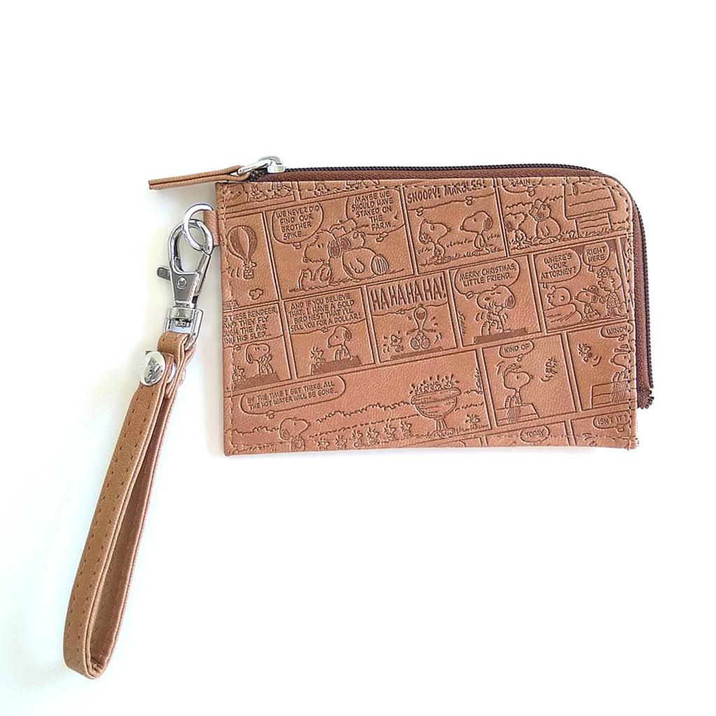 Snoopy Pass Case, Card Case, Key Case with Key Ring, Stylish Faux Leather Zip Case with Cute Embossed Design, All Comics, Brown