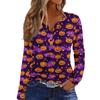 Women's Long Sleeve V-Neck T-Shirt with Button and Halloween Print Casual Top