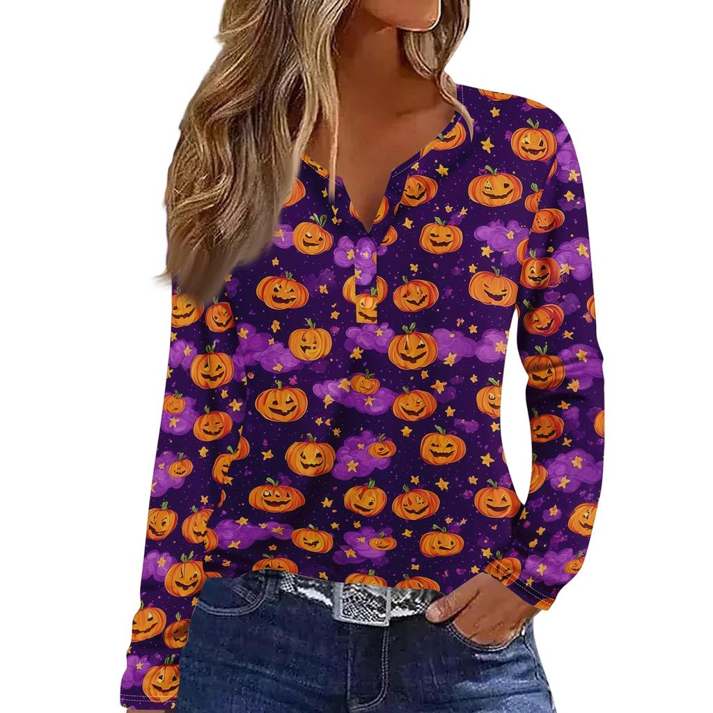 Women's Long Sleeve V-Neck T-Shirt with Button and Halloween Print Casual Top