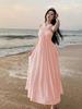 French Peach Pink Spaghetti Strap Slimming Slit Gown